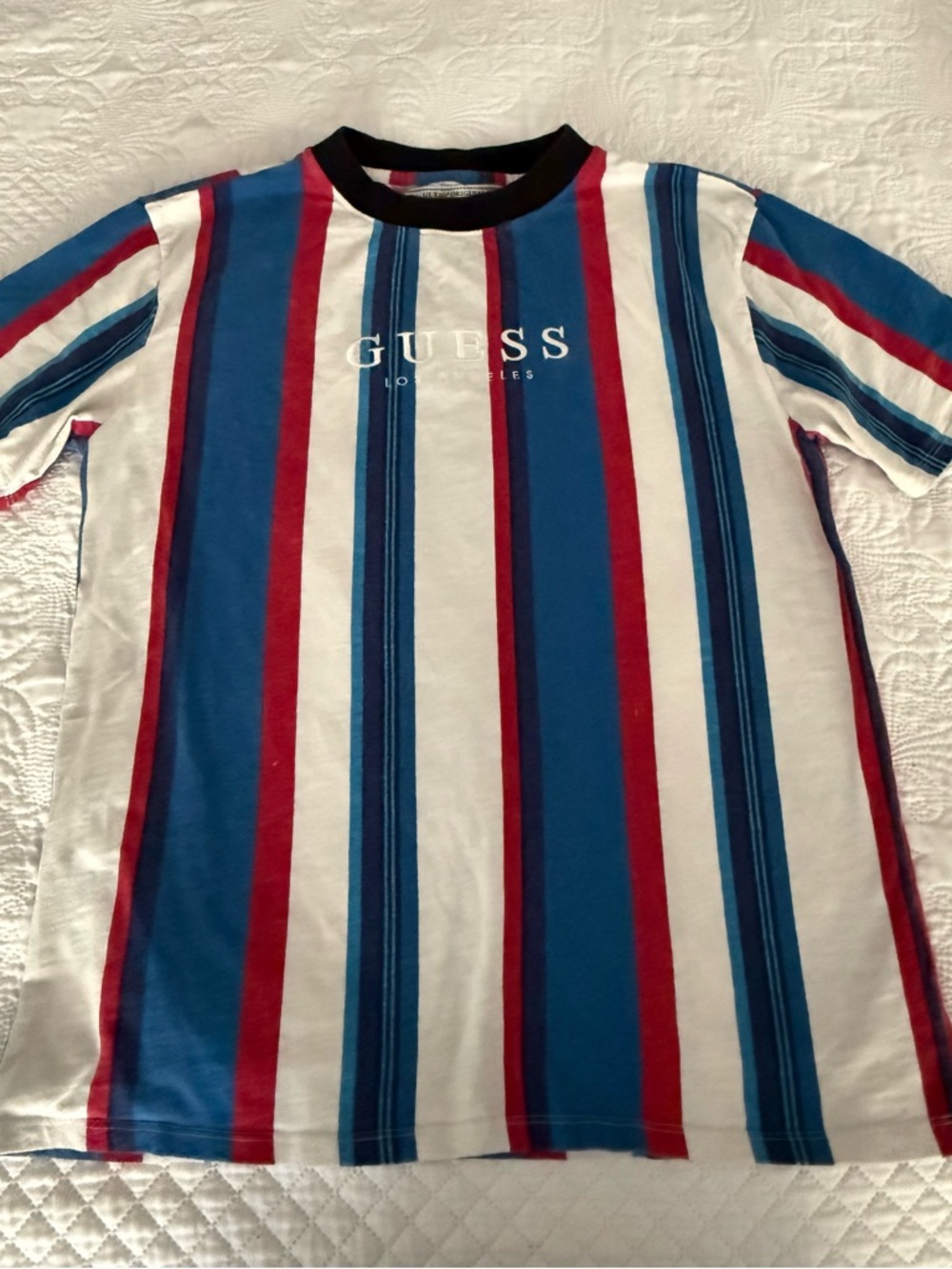 Vintage GUESS Striped Logo Tee in Blue, Red & White